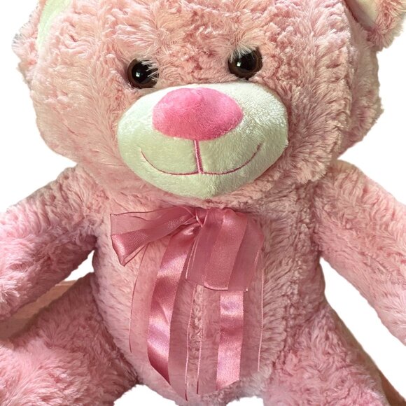 Valentine Pink Teddy Bear Plush 14" Smiling Hearts Love Gauzy Bow Girl Gift - Picture 2 of 10
